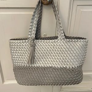 Woven silver leather tote with tassel
